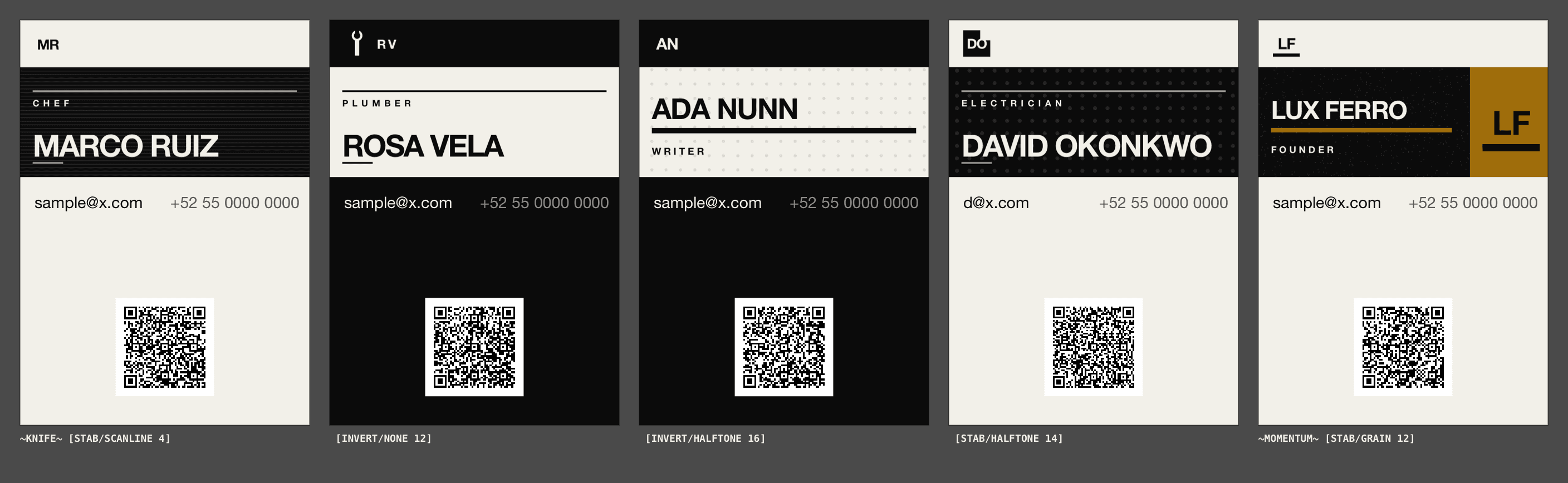 Five generated business cards side by side, each from a different spoken sentence, each carrying a QR code. Chef Marco Ruiz on cream with a black scanlined band and an MR monogram; plumber Rosa Vela inverted to black with an actual spanner glyph — the only card of the five whose word the mark table held; writer Ada Nunn on black with a cream halftone band and an AN monogram; electrician David Okonkwo on cream with a black halftone band and a DO monogram; founder Lux Ferro in ochre and black with a grain texture and an LF monogram. Each is captioned with the spec that produced it, and two of those captions show an unresolved word in tildes.